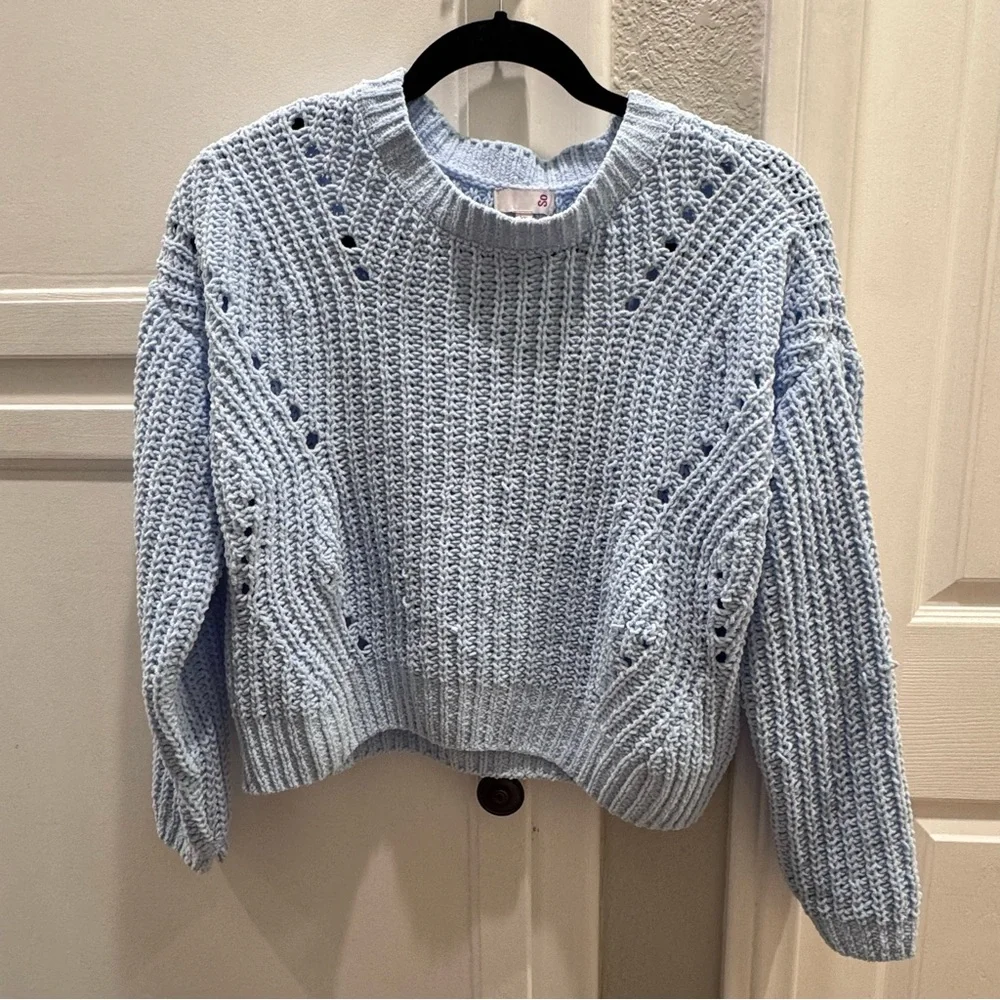 SO Light Blue Open-Knit Chunky Crewneck Sweater- Super Soft